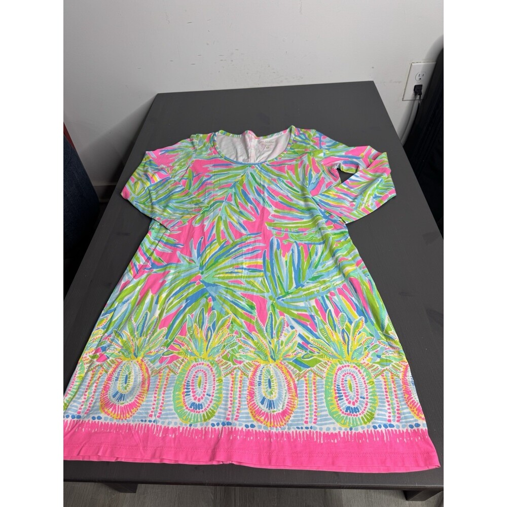 Lilly Pulitzer Beacon Dress Tiki Pink Palm Leaves Pineapple Print Pima Cotton - Picture 3 of 7